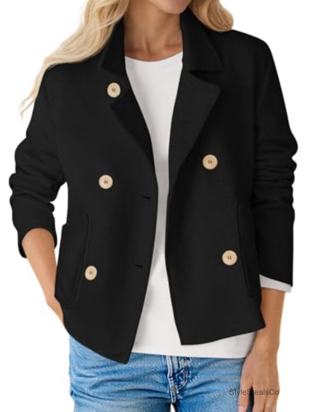 Womens Crop Double Breasted Blazer Loose Fit Suit Jacket Long Sleeve